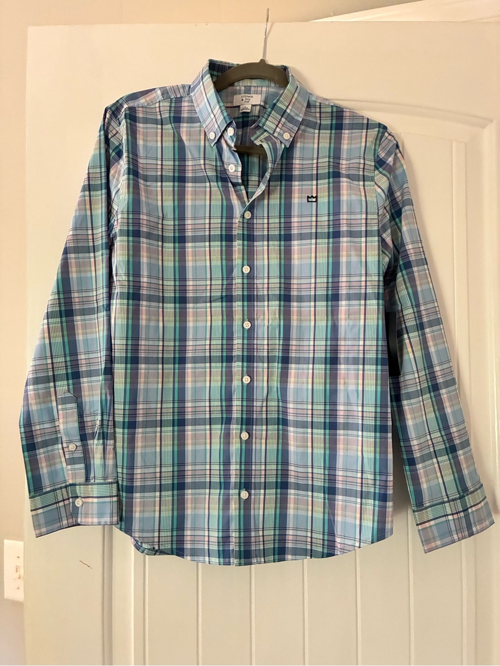 crown & ivy teen Blue and Green Plaid Button-Down Shirt